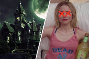 A two story house sits underneath a full moon and Eleanor Shellstrop from "The Good Place" lays in her coffin