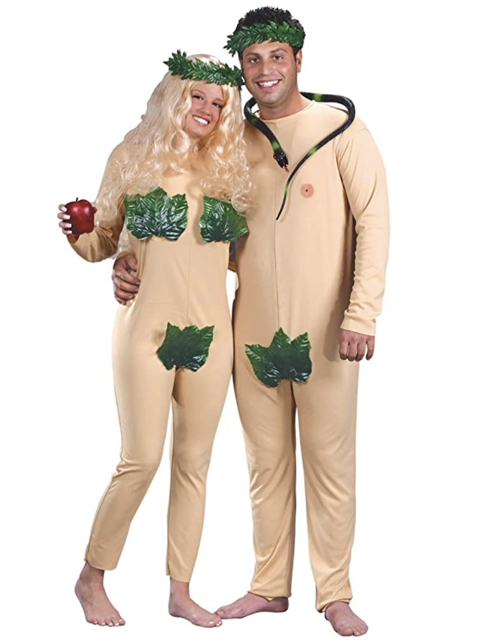 woman and man dressed as Eve and Adam