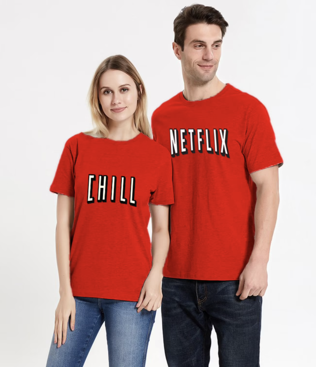 people in shirts that say &quot;netflix and chill&quot;