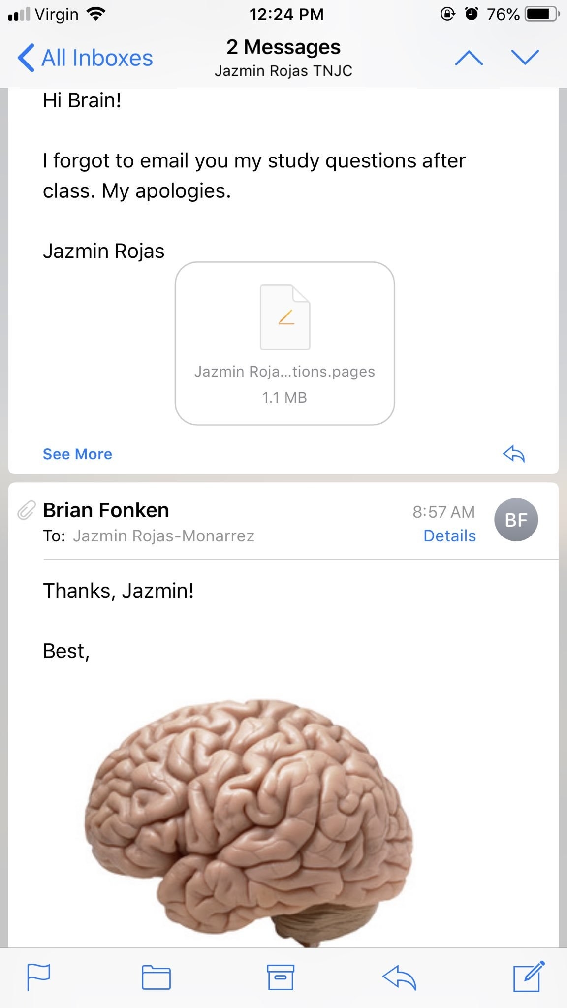 Professor named Brian signs off with the photo of a brain after his student addresses him as &quot;Brain&quot; in a text message
