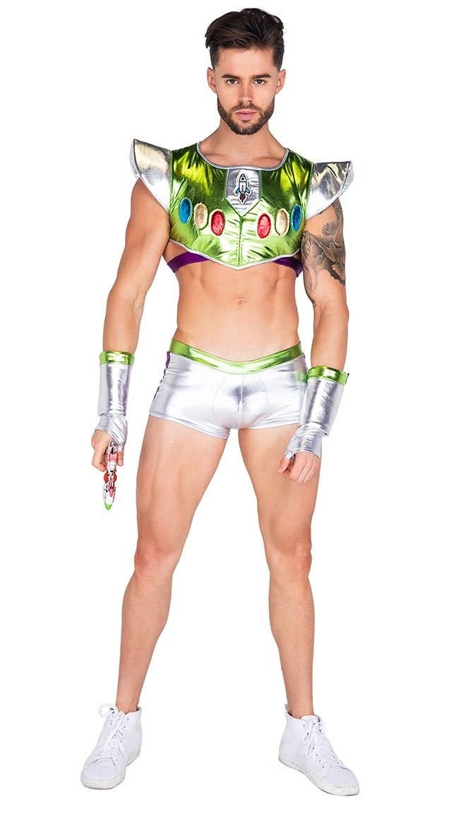 A man wearing a crop top and short shorts that somewhat resemble Buzz Lightyear&#x27;s space suit