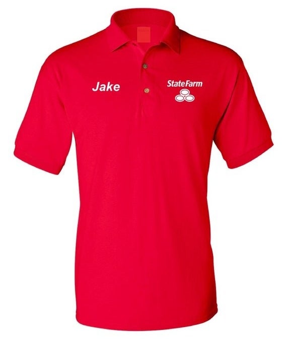 a red polo printed with "Jake" and the State Farm logo
