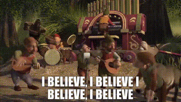 Gif of characters from &quot;Shrek&quot; singing &quot;I&#x27;m a Believer!&quot;