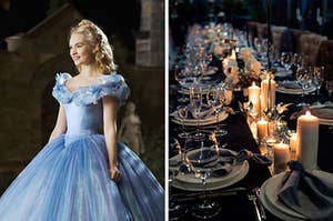 On the left, Lily James wearing a gown as Cinderella, and on the right, a dark, long table with place settings, wine glasses, and lit candles on top