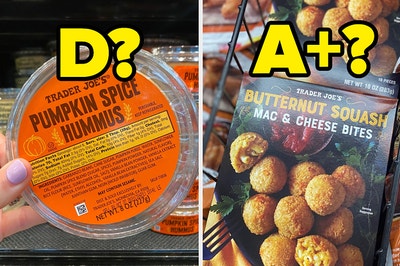 Pumpkin Spice Hummus labeled "D?" and Butternut squash mac and cheese bites labeled "A+?"