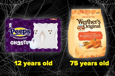Peeps ghosts and werther's original pumpkin spice caramels, labeled 12 years old and 75 years old respectively
