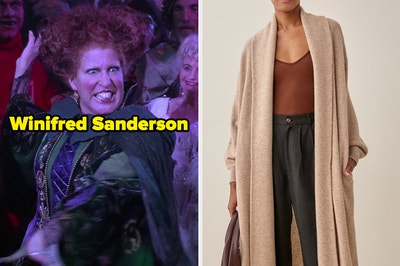On the left, Winifred Sanderson from Hocus Pocus, and on the right, someone wearing a high-waisted pants, a camisole, and a long cardigan