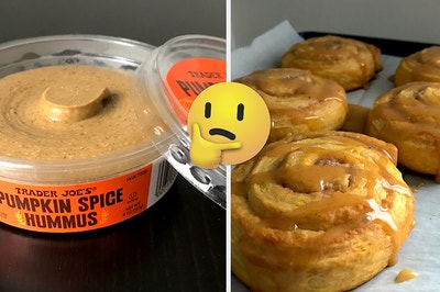 Pumpkin Spice hummus, pumpkin spice pumpkin rolls, and a thinking emoji
