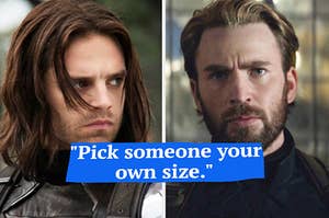 A close up of Bucky Barnes with his head turned to the side and a close up of Steve Rogers with a full beard