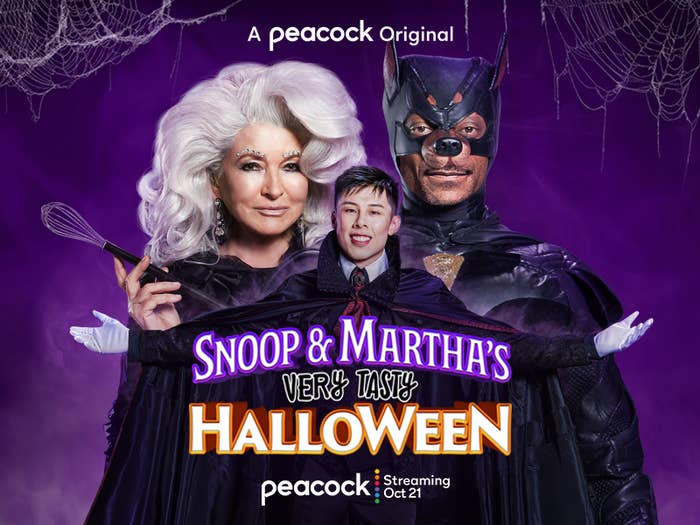 Promo image for &quot;Snoop &amp;amp; Martha&#x27;s Very Tasty Halloween&quot; featuring Martha Stewart, Alvin Zhou, and Snoop Dogg