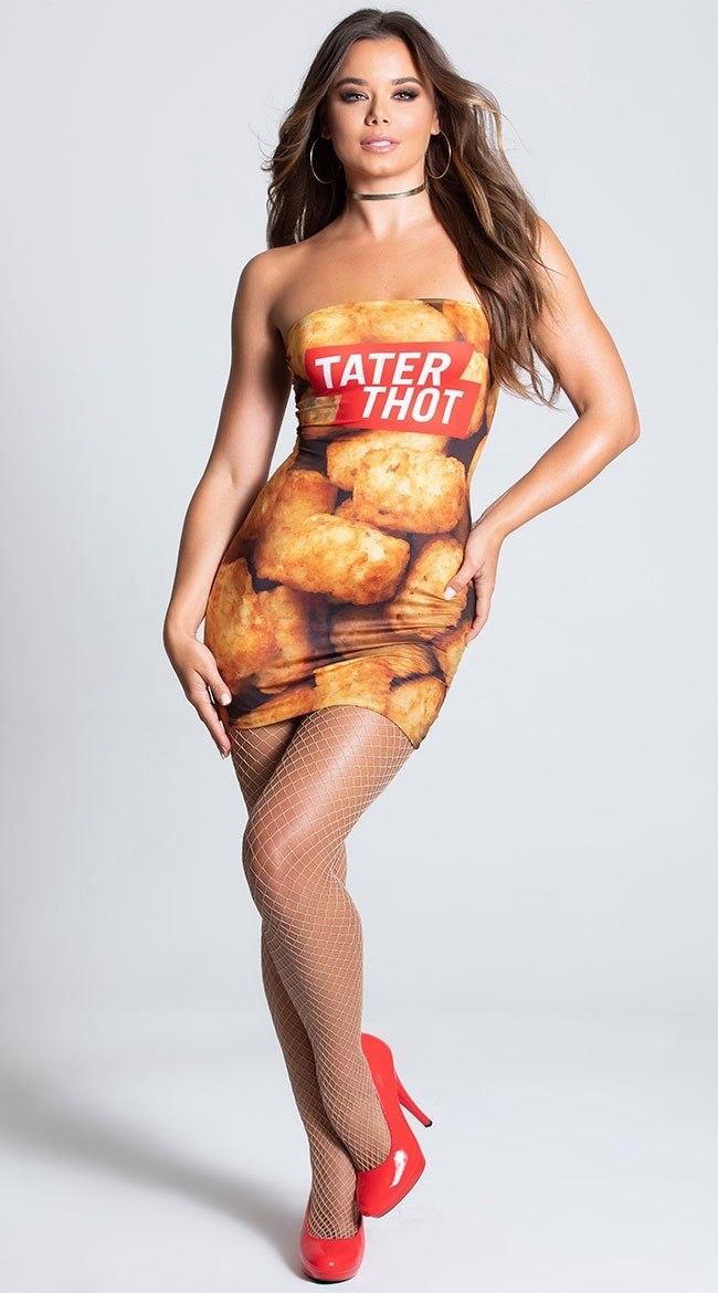 A woman wearing a mini dress with images of tater tots and text that says tater thot printed on it