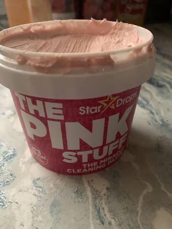 reviewer's container of The Pink Stuff