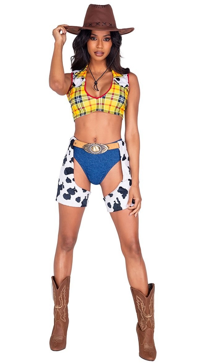 A woman wearing a sexy version of Woody&#x27;s outfit from Toy Story with cowboy boots and a hat