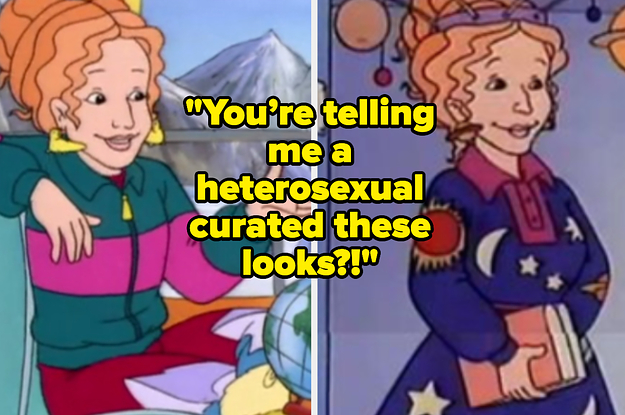 Miss Frizzle wears a striped jacket and Miss Frizzle wears a dress with stars and moons on it