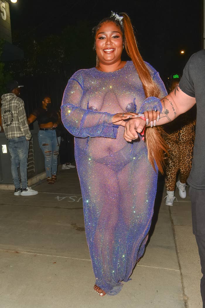 Lizzo wears a diamond embellished long sleeve purple maxi dress that is sheer and her entire body can be seen
