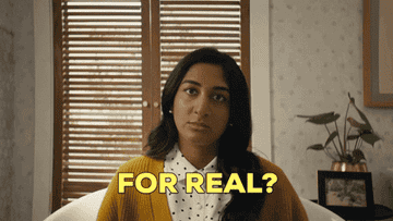 A woman blinking with the caption that says &quot;For real?&quot;