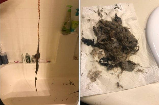 photo of the snake drain after being used with a lot of hair on it next to another photo of the hair chunk removed from the snake and sitting on a paper towel showing how large the chunk is