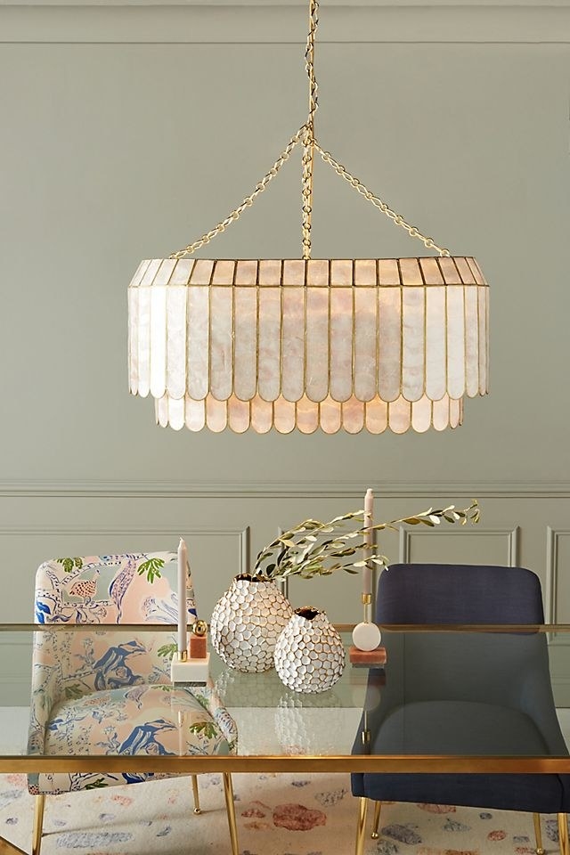 the faceted chandelier with a gold chain