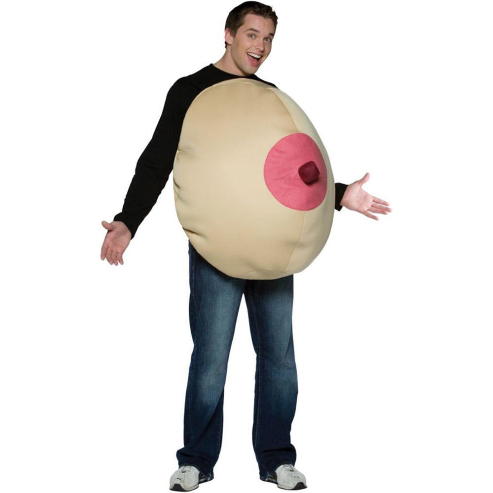 A man wearing normal clothes but he has a huge stuffed cloth breast over his abdomen