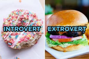On the left, a donut topped with vanilla frosting and fruity cereal labeled introvert, and on the right, a cheeseburger labeled extrovert