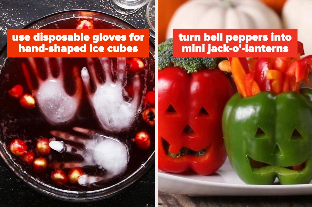 use disposable gloves for hand-shaped ice cubes, and turn bell peppers into mini jack-o'-lanterns
