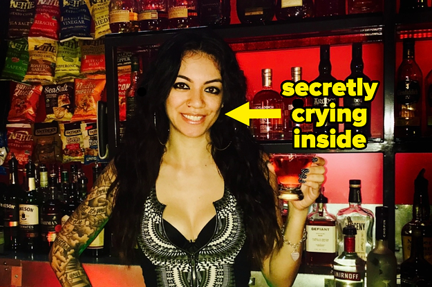 Bartender and the words "secretly crying inside"