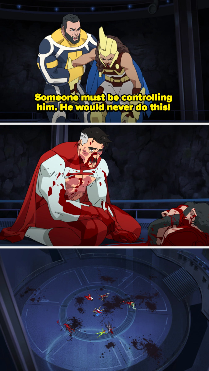 The Immortal saying, &quot;Someone must be controlling him, he would never do this,&quot; and then Omni-Man surrounded by dead bodies
