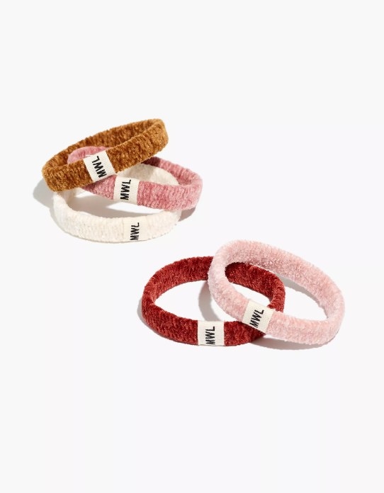 Pink, red, brown and white chenille hair elastics