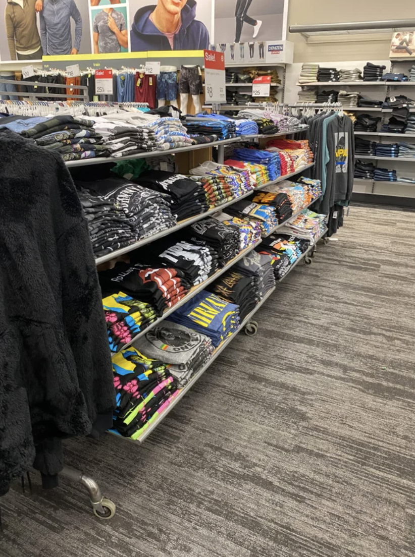 A section of neatly folded t-shirts at Target