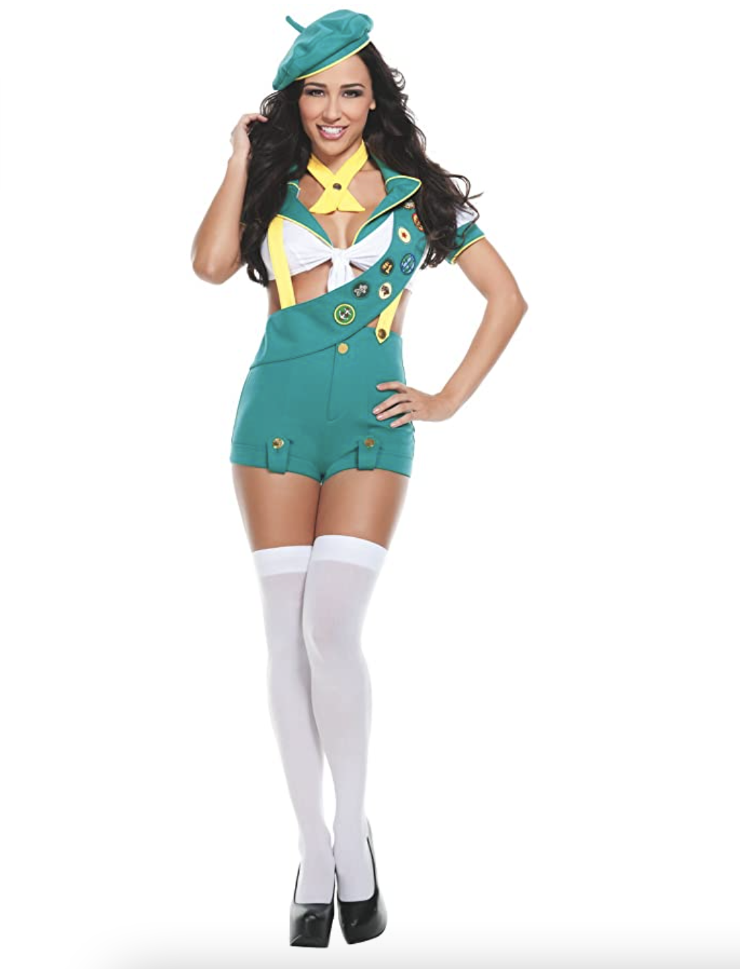 A woman dressed up in a skimpy Girl Scout costume