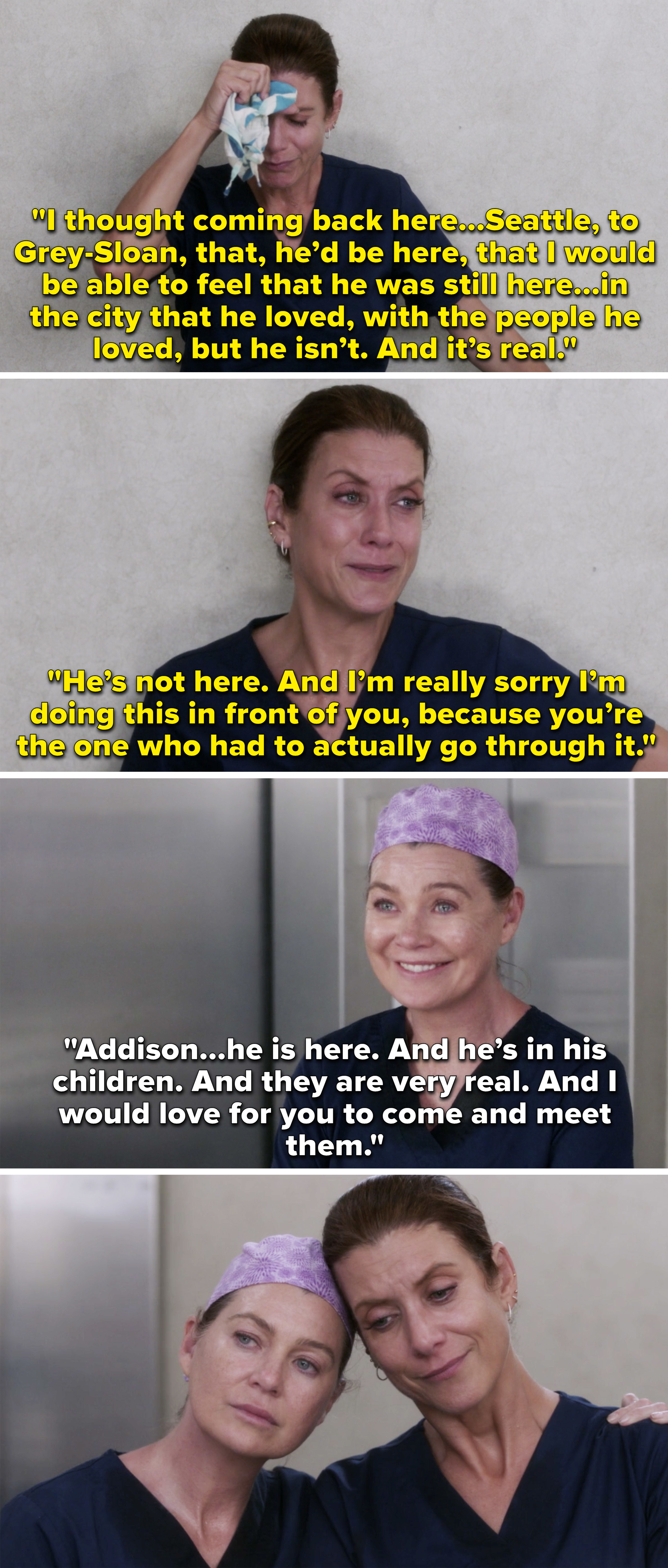 Addison crying in an elevator over Derek and saying how she felt like coming back to Seattle would be like he&#x27;s still alive, then Meredith invites her to meet their kids