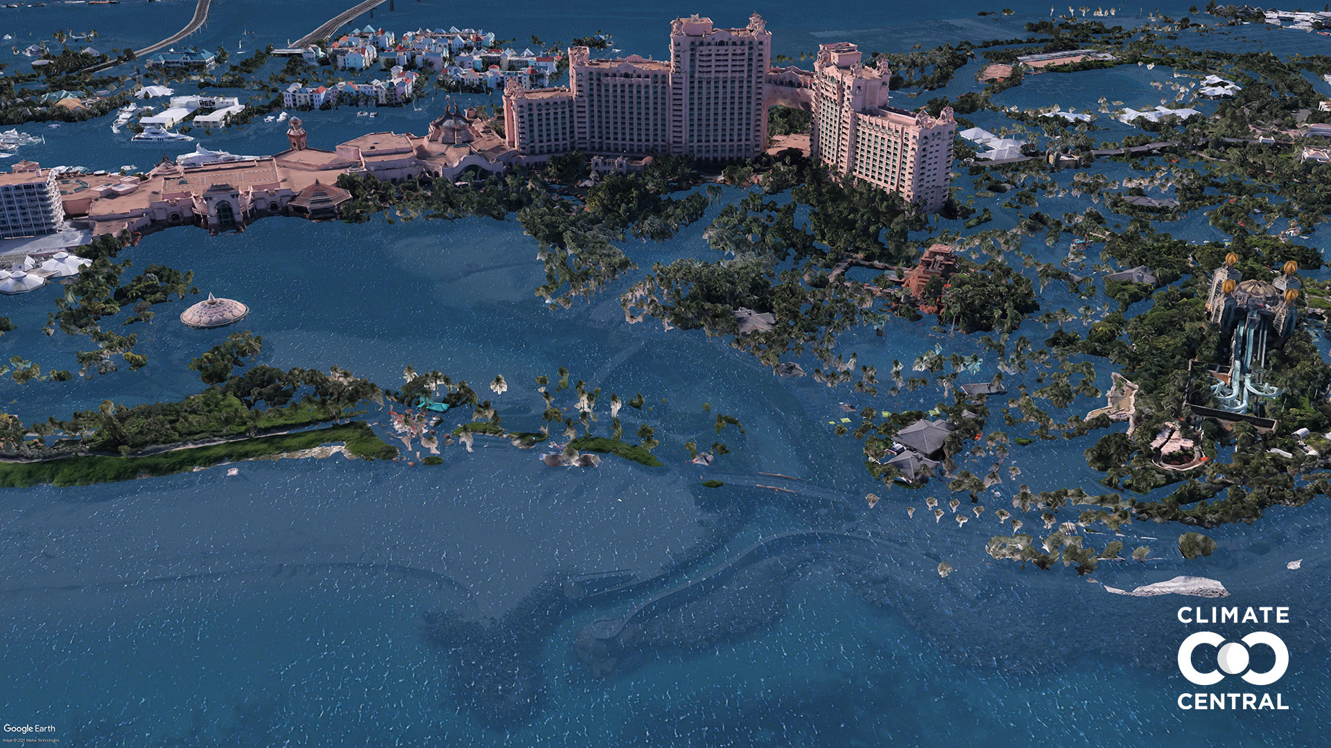 Water covers the beaches and grounds surrounding Atlantis