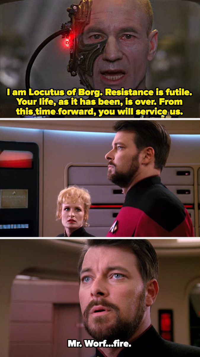 An overtaken Picard saying that resistance is futile, and Riker saying, &quot;Mister Worf, fire&quot;