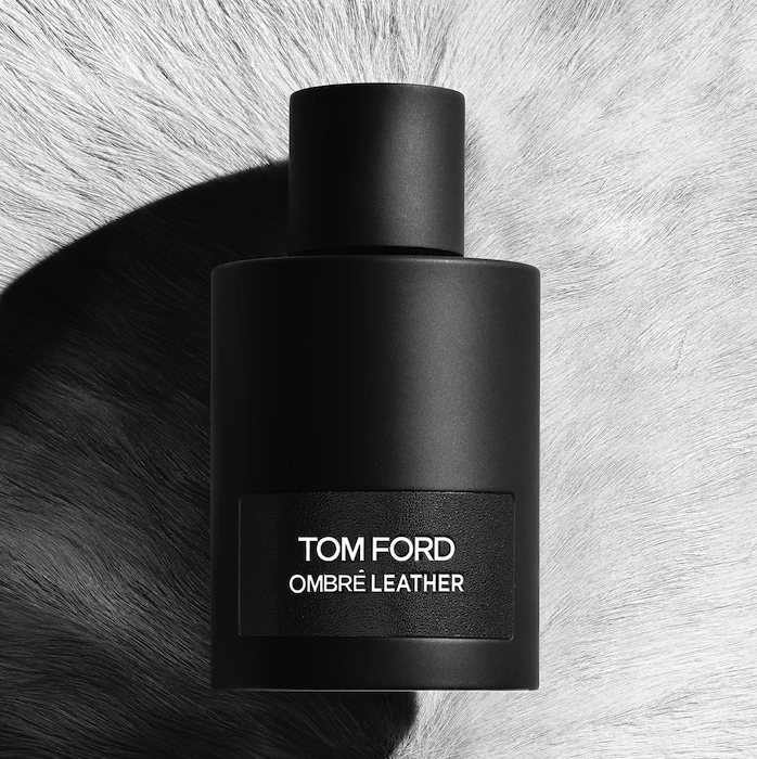 The black bottle of Tom Ford Ombre Leather cologne
