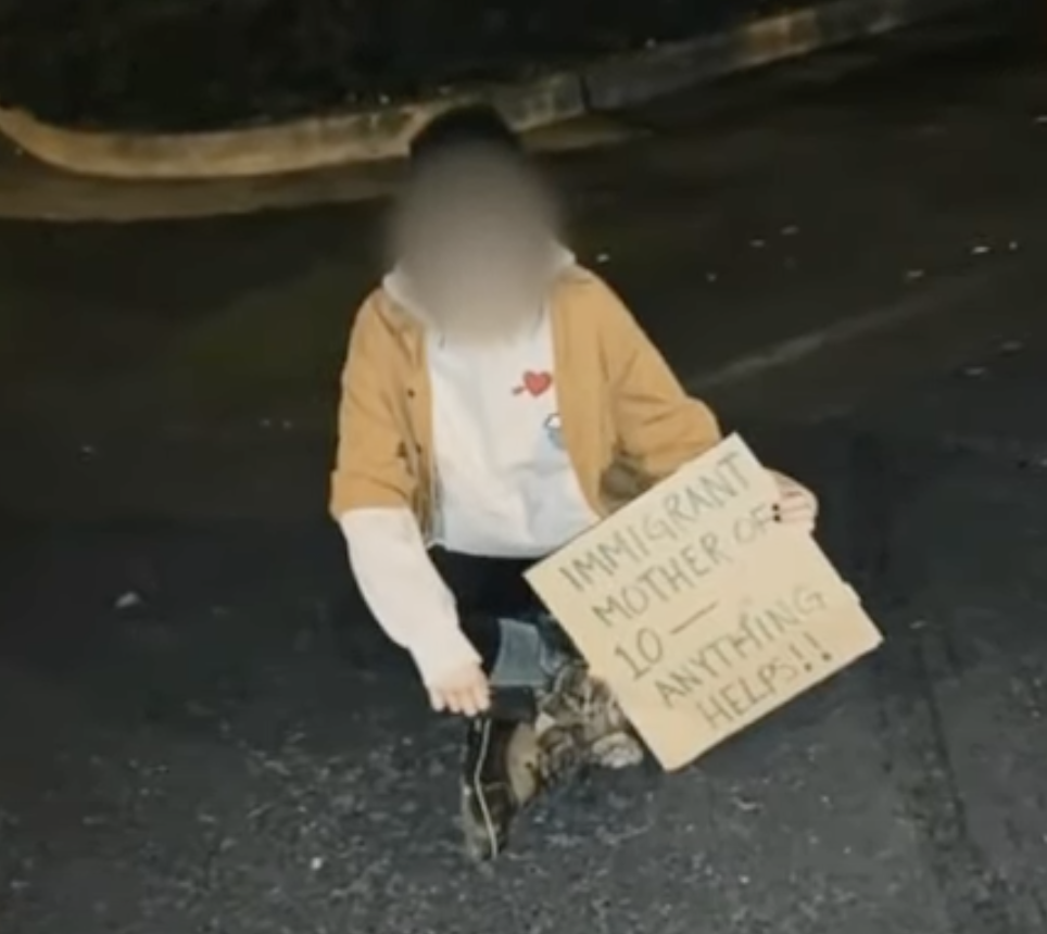 A person sitting on the floor holding a sign that says &quot;Immigrant mother of 10 — anything helps!!&quot;