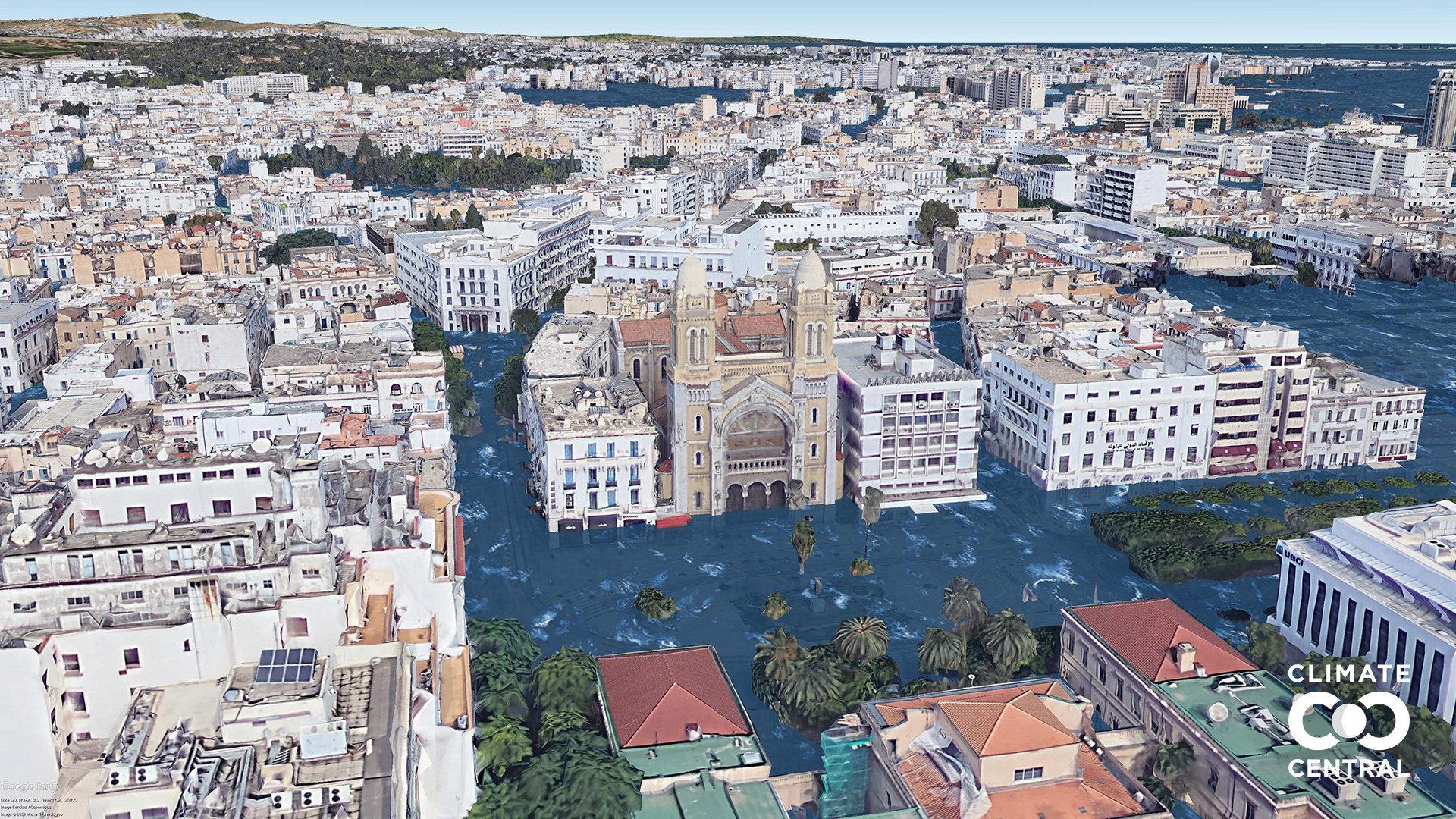 The cathedral is surrounded by water