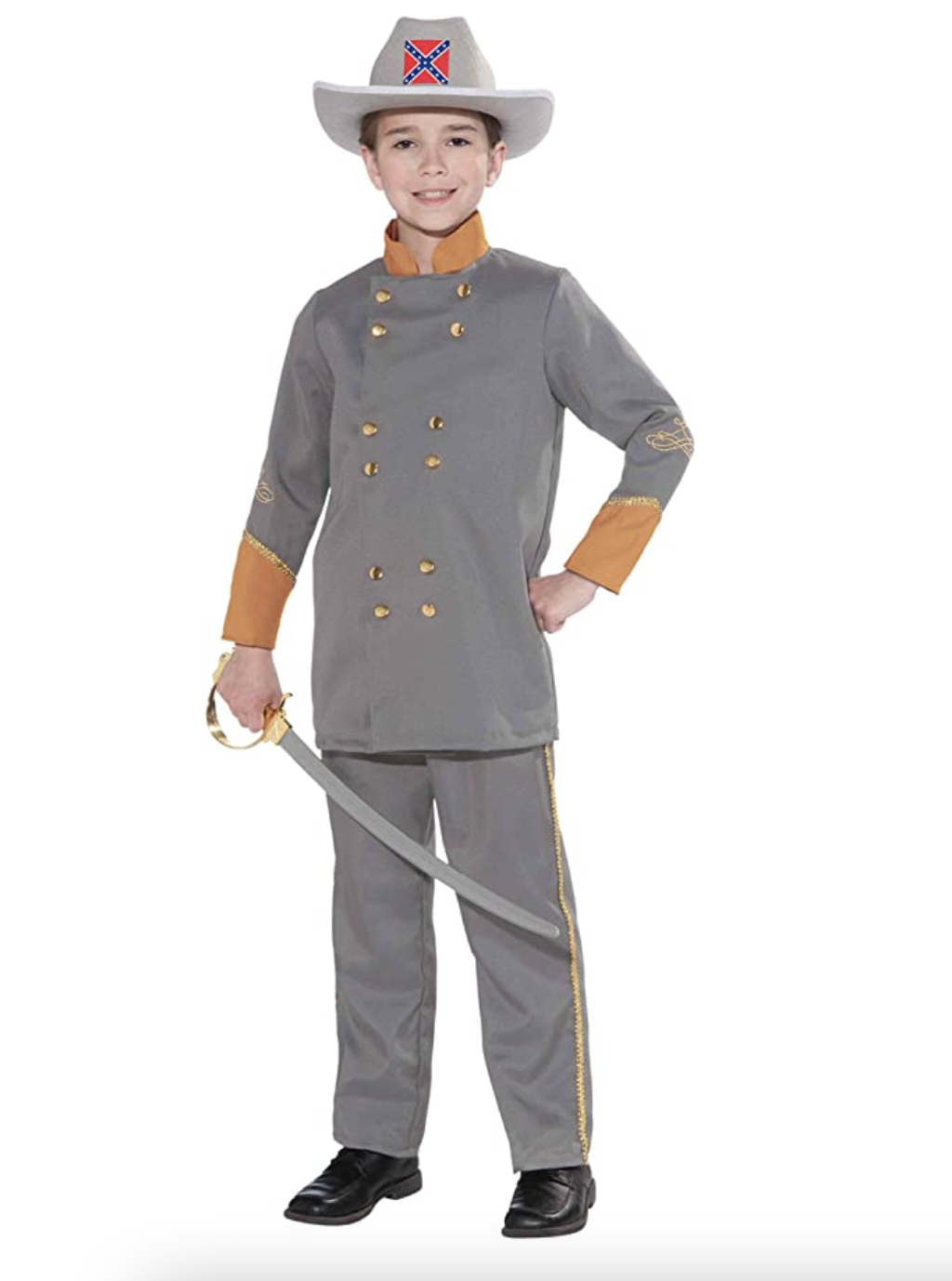 A child wearing a Confederate officer uniform while holding a sword