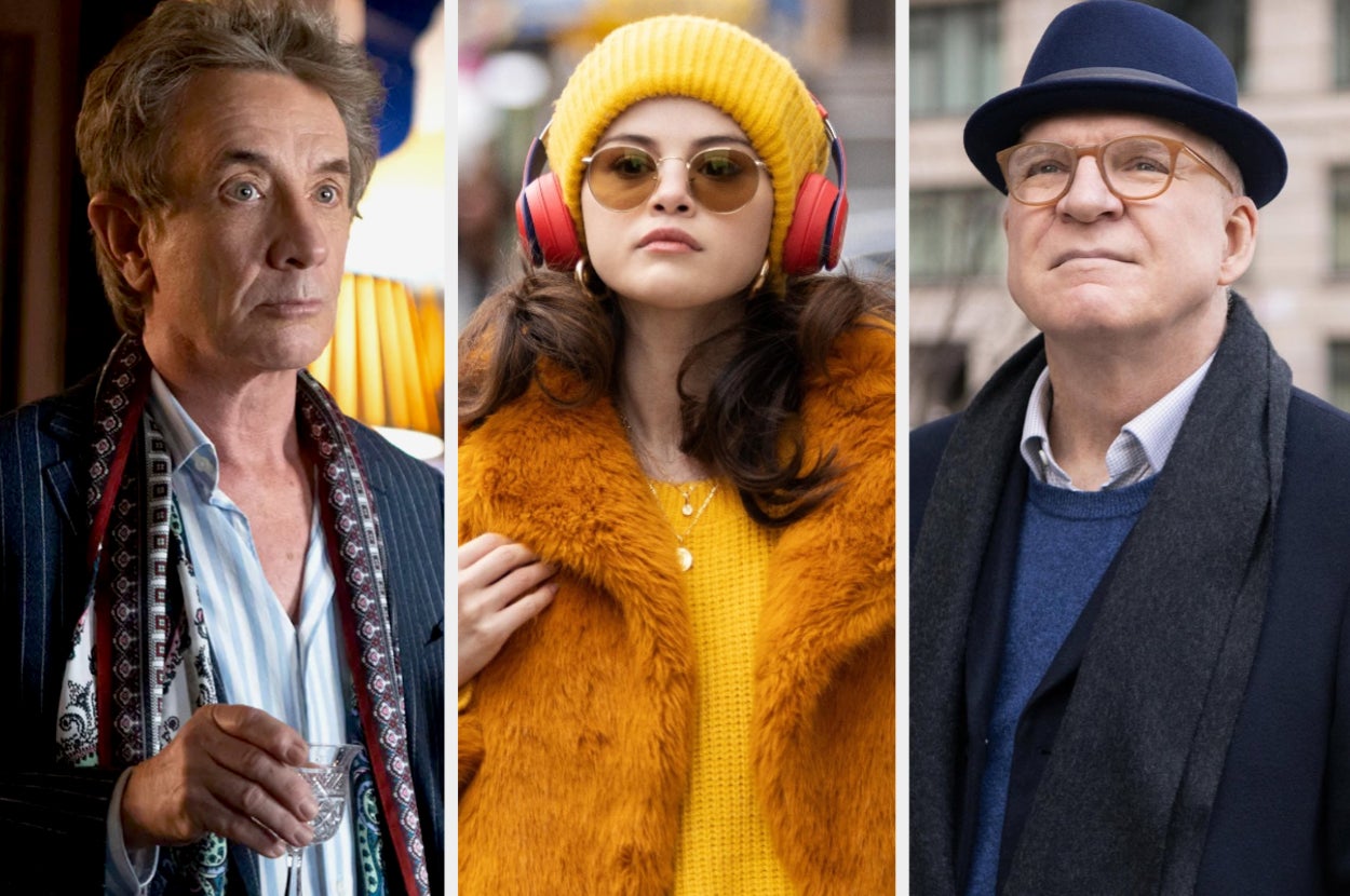 Stills from Only Murders In The Building showing Martin Short, Selena Gomez, and Steve Martin in separate columns