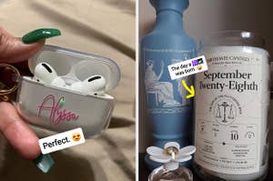 First is a reviewer's customized airpods case with the name "Alyssa" in pink cursive and next is a candle with the September 28 birthday on it