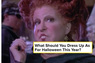 Winifred Sanderson thinking and the text "what should you dress up as for halloween this year?"