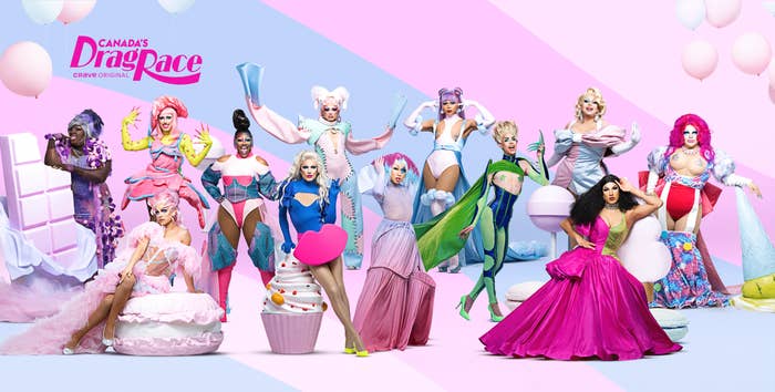 cast shot of all the queen&#x27;s from this season of canada&#x27;s drag race in pastels.