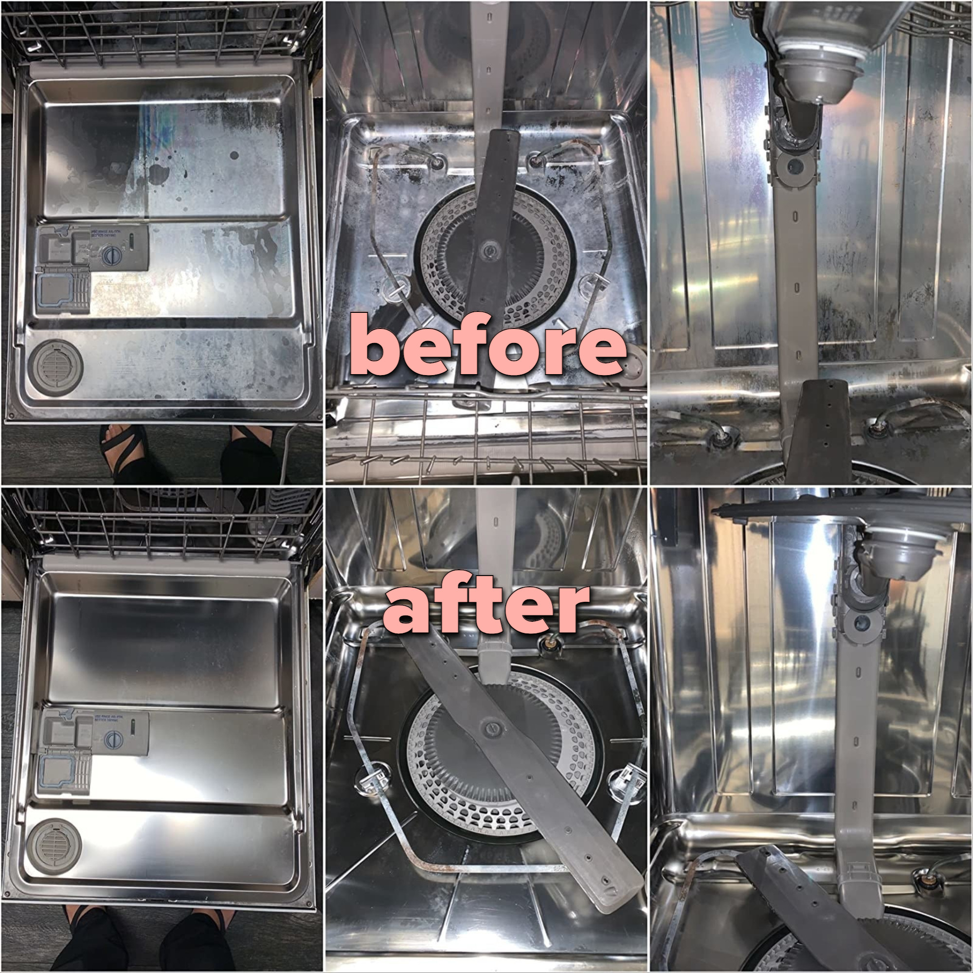 a before and after photo of a dirty dishwasher and a clean dishwasher after using the product