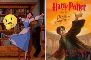 Belle is on the left hanging from a bookshelf with Harry Potter cover on the right