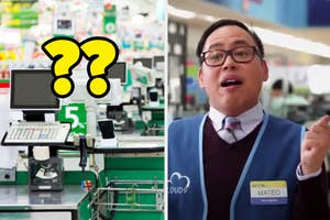 A grocery store is on the left labeled with questions marks and a clerk on the right
