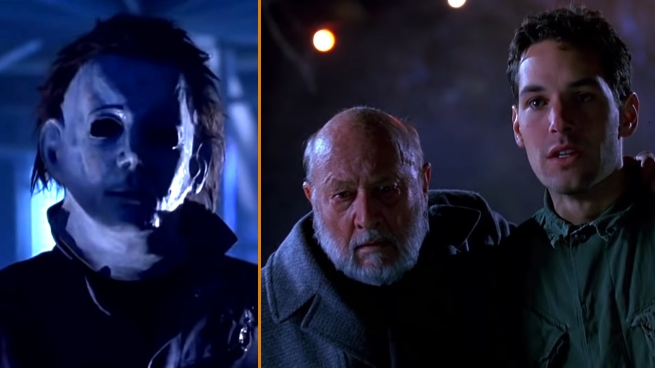 Michael Myers stares while Dr. Loomis and Tommy look concerned