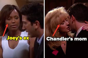 Charlie is on the left labeled, "Joey's ex" with Chandler's mom and Ross kissing on the right, labeled, "Chandler's mom"