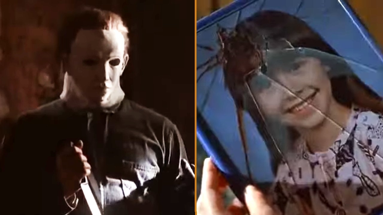 Michael Myers holds a butcher knife. Broken glass on a photo of young Jamie