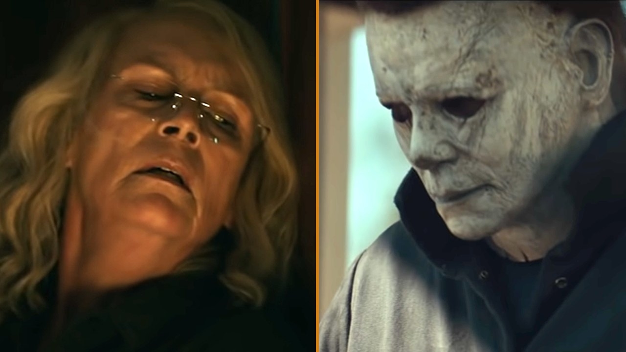 An older Laurie Strode looks over her shoulder. Michael Myers in an aged mask looks on