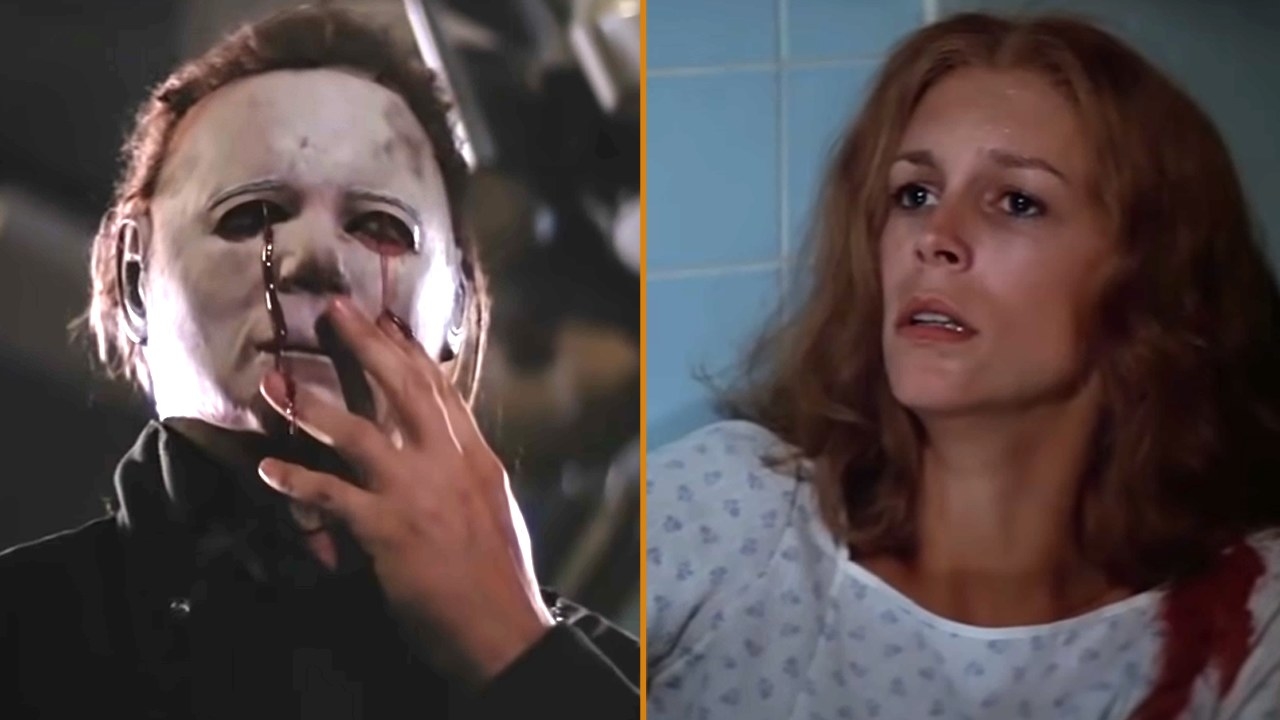 Michael Myers touches his mask, blood dripping from his eyes. Laurie Strode looks on, concerned