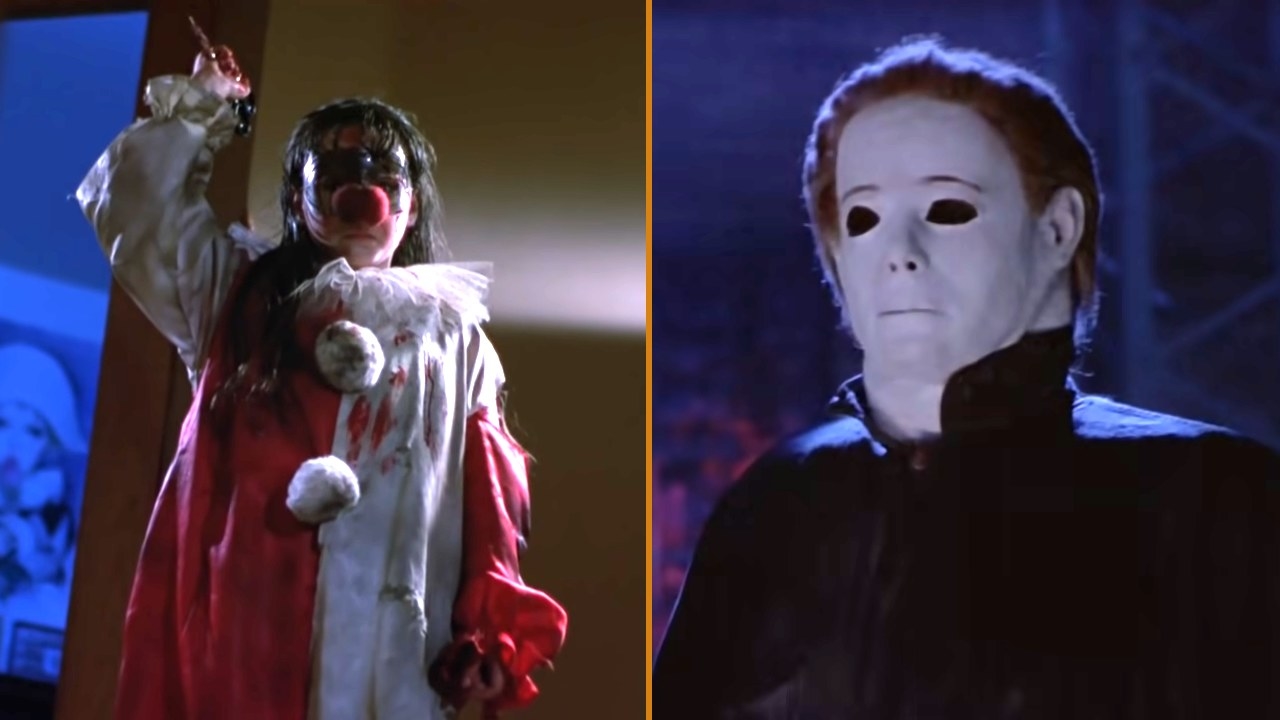 Young Jamie in a clown costume, holds bloody scissors. Michael Myers in a bright white mask and black eyes